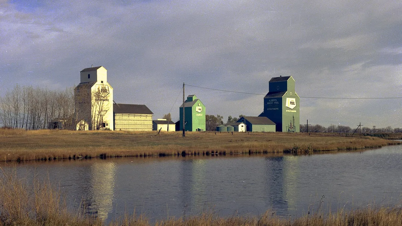 Strathmore grain elevator streetscape and downtown in Strathmore, Alberta