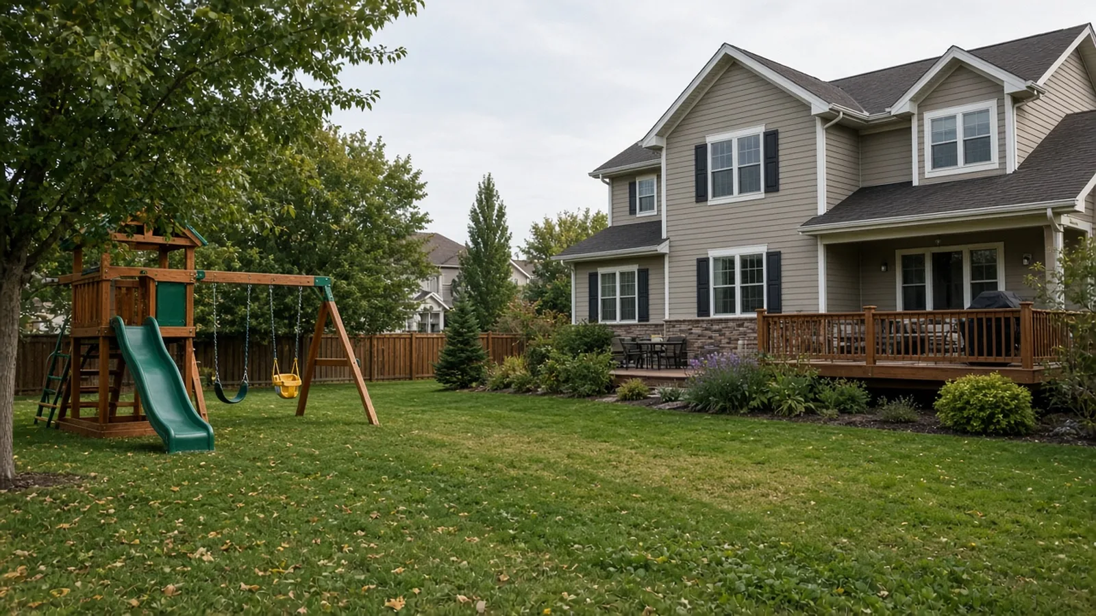 Suburban backyard and a larger two-storey family house