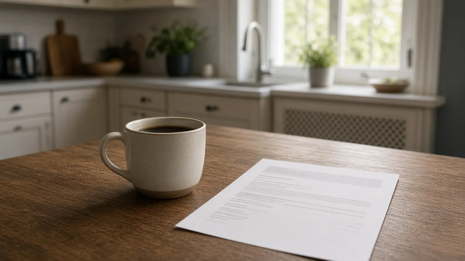 Coffee and a blurred mortgage renewal letter on a kitchen table