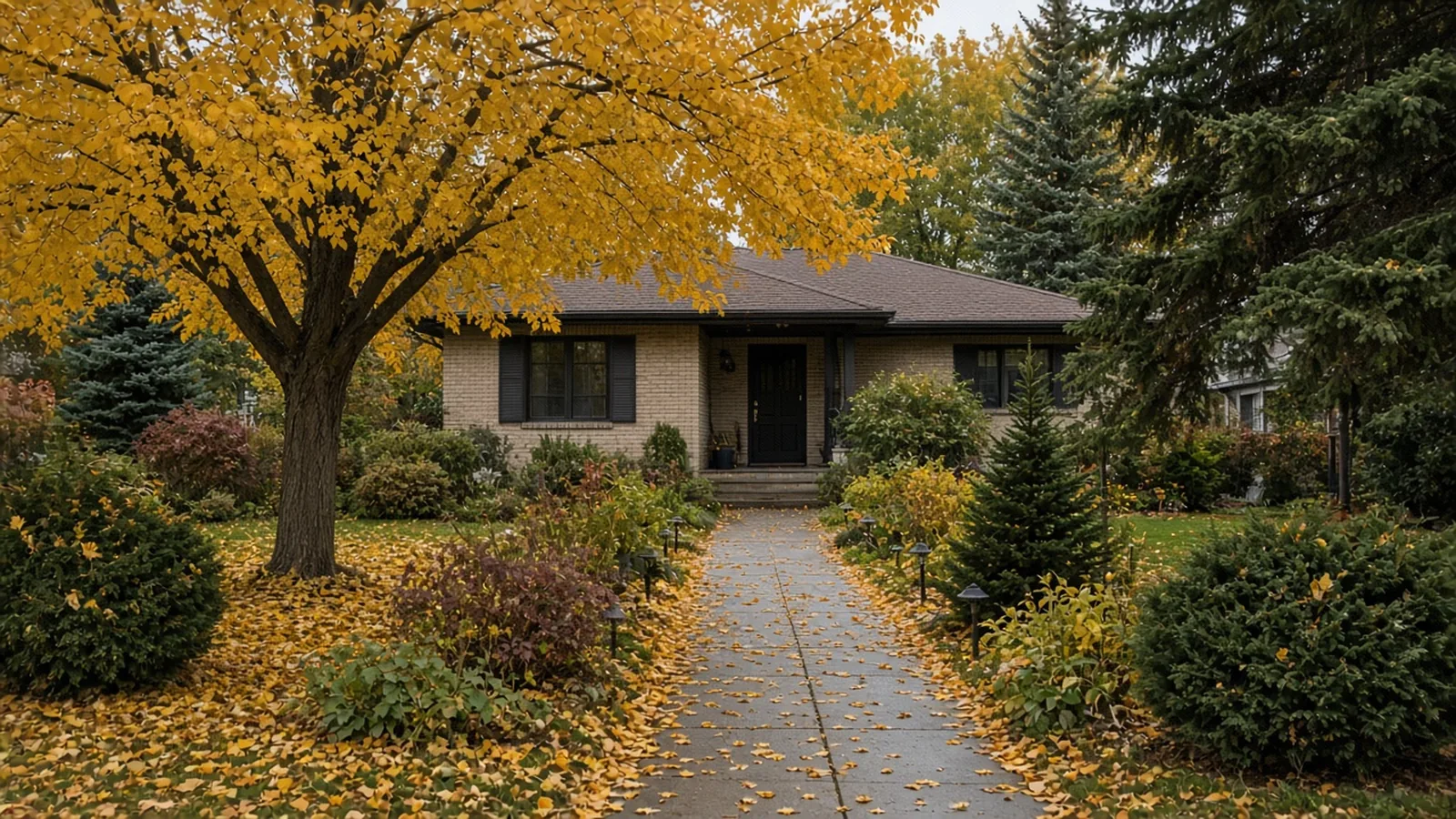Mature bungalow garden in an Alberta suburb in autumn