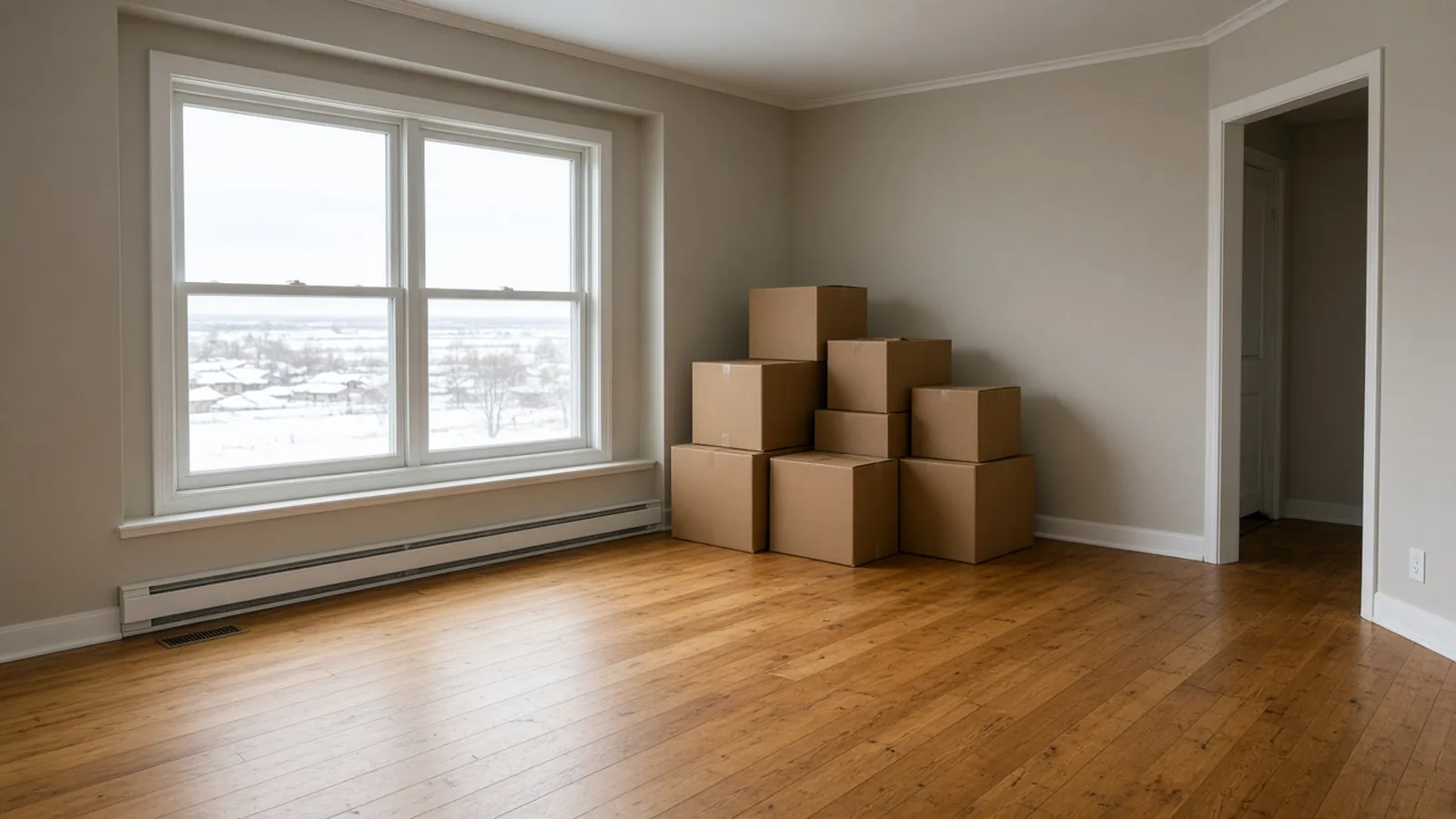 Moving boxes in an empty starter-home living room
