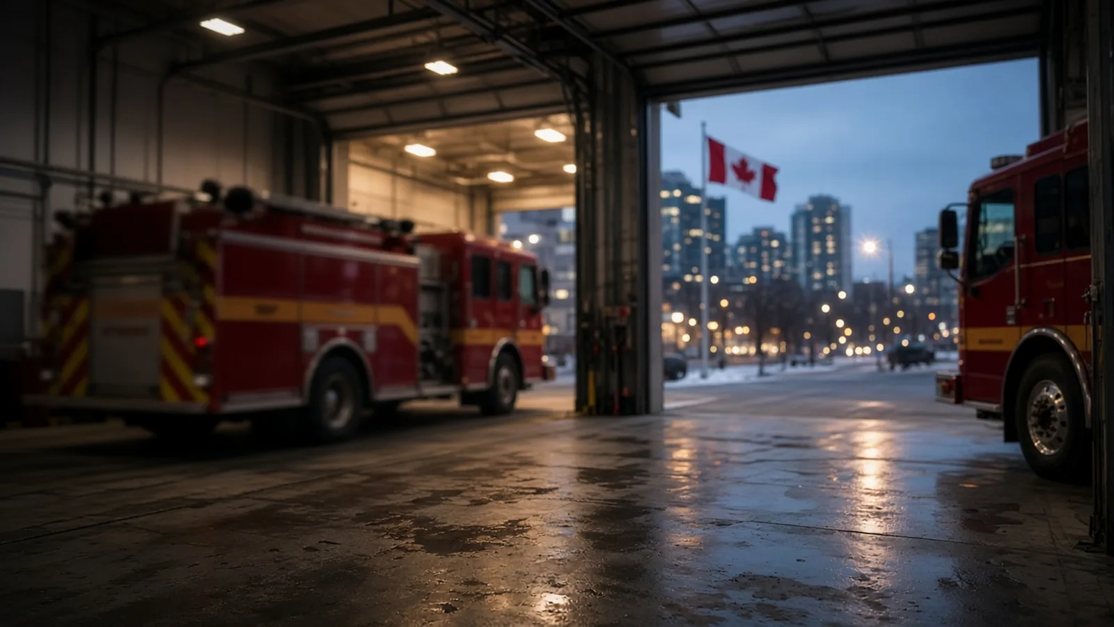 Fire station bay at dusk with an apparatus softly out of focus