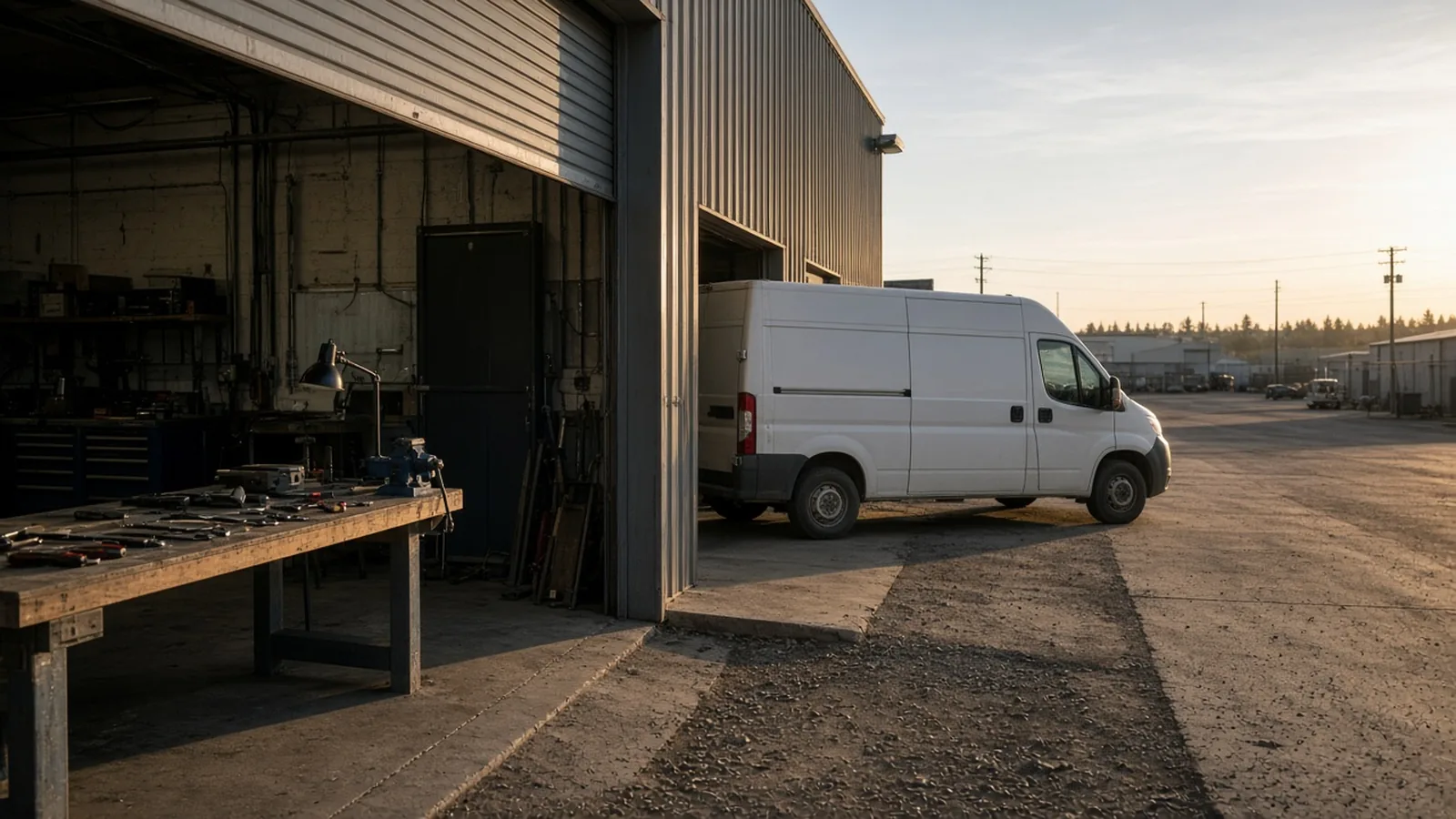 Contractor van beside an open workshop bay