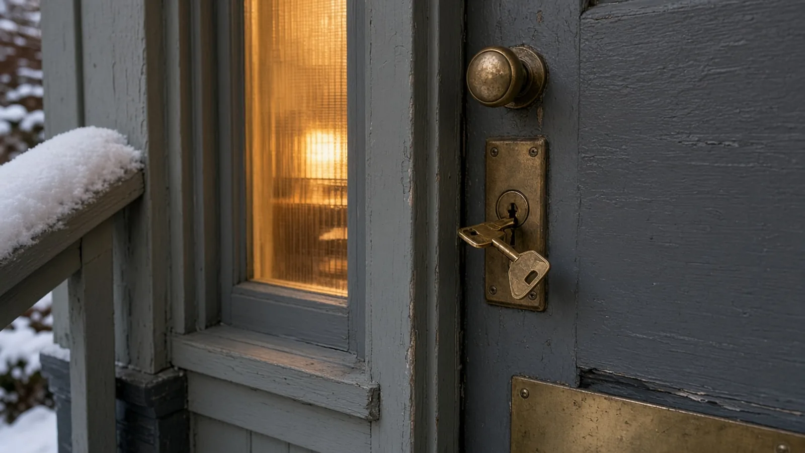 House key in the lock of a modest winter bungalow door