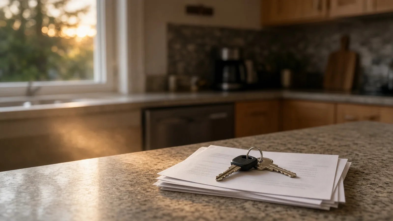 House key beside blurred household statements on a kitchen counter