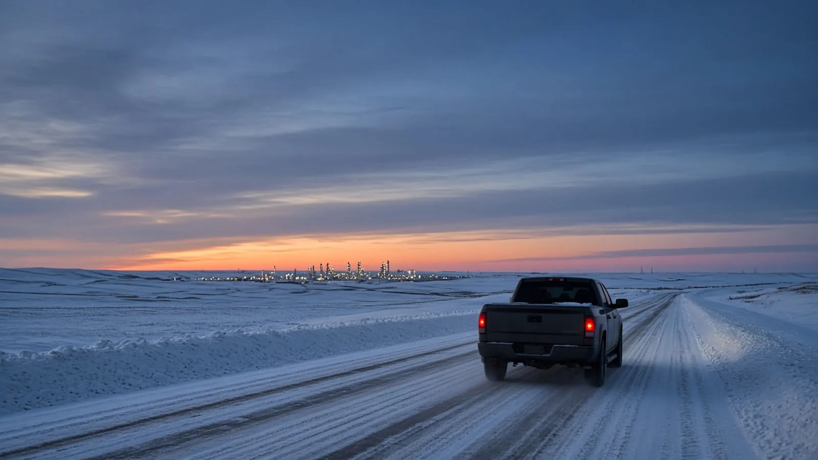 Winter highway toward industrial lights in northern Alberta